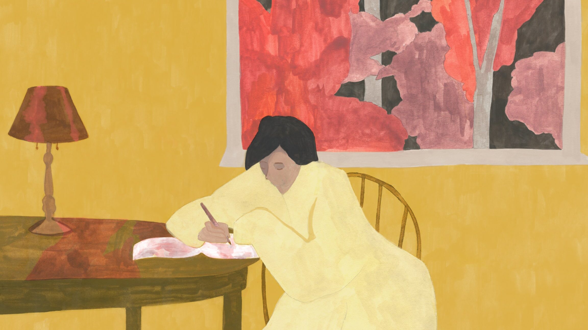 una imagen de una persona escribiendo en un diario con expresion de melancolia