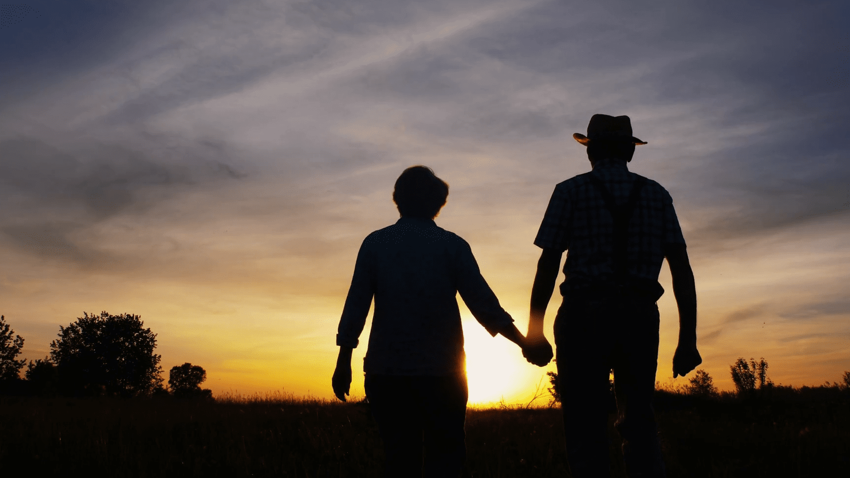 una pareja feliz caminando de la mano en un hermoso paisaje al atardecer